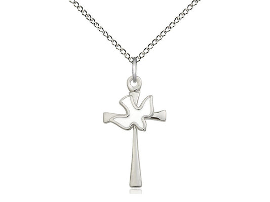 Sterling Silver Cross Holy Spirit Pendant on a 18 inch Sterling Silver Light Curb Chain - Unique Catholic Gifts