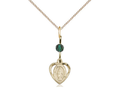 14kt Gold Filled Miraculous Pendant with a Emerald bead on a 18 inch Gold Filled Light Curb Chain - Unique Catholic Gifts