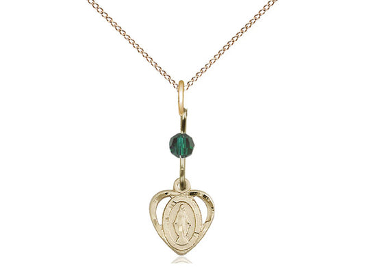 14kt Gold Filled Miraculous Pendant with a Emerald bead on a 18 inch Gold Filled Light Curb Chain - Unique Catholic Gifts
