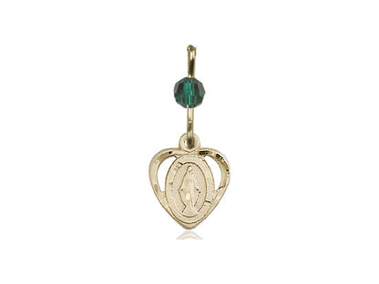 14kt Gold Filled Miraculous Pendant with a Emerald bead on a 18 inch Gold Filled Light Curb Chain - Unique Catholic Gifts