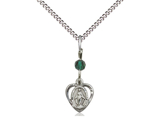 Sterling Silver Miraculous Pendant with a Emerald bead on a 18 inch Light Rhodium Light Curb Chain - Unique Catholic Gifts