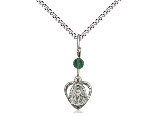 Sterling Silver Miraculous Pendant with a Emerald bead on a 18 inch Light Rhodium Light Curb Chain - Unique Catholic Gifts