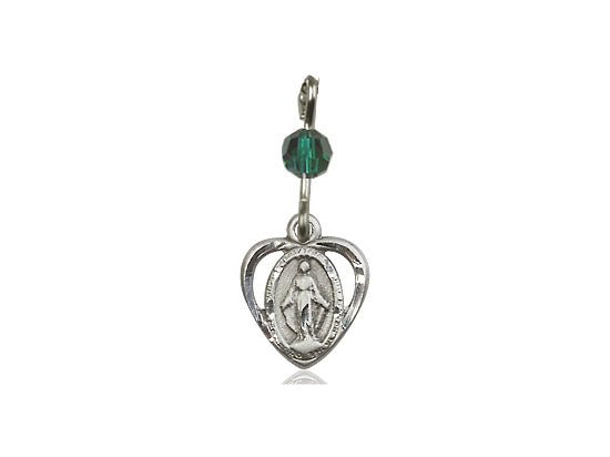 Sterling Silver Miraculous Pendant with a Emerald bead on a 18 inch Light Rhodium Light Curb Chain - Unique Catholic Gifts