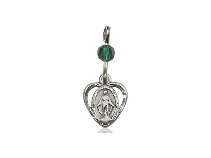 Sterling Silver Miraculous Pendant with a Emerald bead on a 18 inch Light Rhodium Light Curb Chain - Unique Catholic Gifts