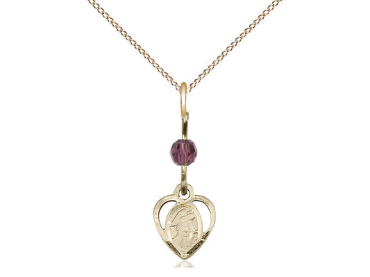 14kt Gold Filled Guardian Angel Pendant with an Amethyst bead on a inch Gold Filled Light Curb Chain - Unique Catholic Gifts