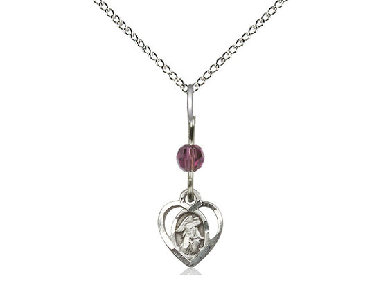 Sterling Silver Guardian Angel Pendant with an Amethyst bead on a inch Sterling Silver Light Curb Chain - Unique Catholic Gifts