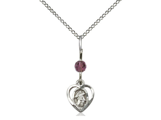 Sterling Silver Guardian Angel Pendant with an Amethyst bead on a inch Sterling Silver Light Curb Chain - Unique Catholic Gifts
