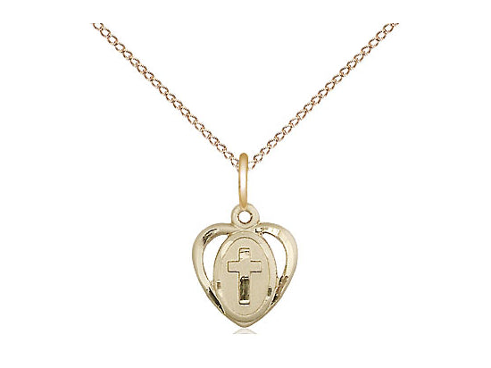 14kt Gold Filled Heart Cross Pendant on a 18 inch Gold Filled Light Curb Chain - Unique Catholic Gifts