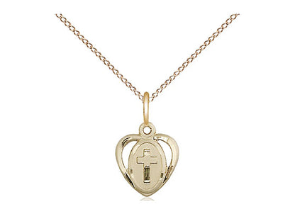 14kt Gold Filled Heart Cross Pendant on a 18 inch Gold Filled Light Curb Chain - Unique Catholic Gifts