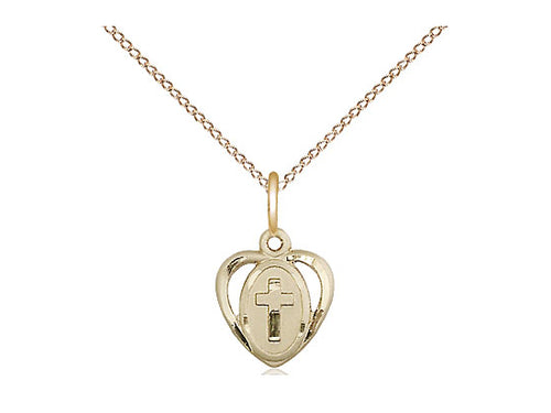 14kt Gold Filled Heart Cross Pendant on a 18 inch Gold Filled Light Curb Chain - Unique Catholic Gifts