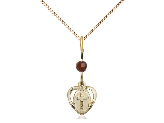 14kt Gold Filled Heart Cross Pendant with a Garnet bead on a inch Gold Filled Light Curb Chain - Unique Catholic Gifts
