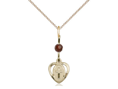 14kt Gold Filled Heart Cross Pendant with a Garnet bead on a inch Gold Filled Light Curb Chain - Unique Catholic Gifts