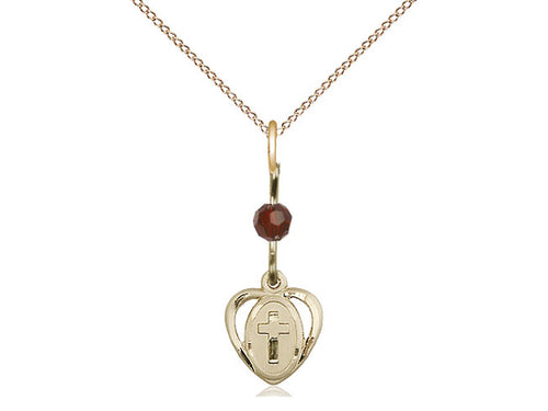 14kt Gold Filled Heart Cross Pendant with a Garnet bead on a inch Gold Filled Light Curb Chain - Unique Catholic Gifts