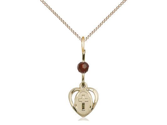 14kt Gold Filled Heart Cross Pendant with a Garnet bead on a inch Gold Filled Light Curb Chain - Unique Catholic Gifts