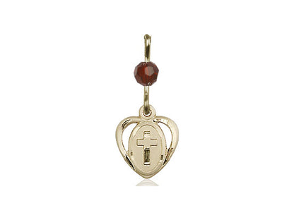 14kt Gold Filled Heart Cross Pendant with a Garnet bead on a inch Gold Filled Light Curb Chain - Unique Catholic Gifts