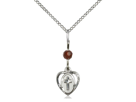 Sterling Silver Heart Cross Pendant with a Garnet bead on a inch Sterling Silver Light Curb Chain - Unique Catholic Gifts