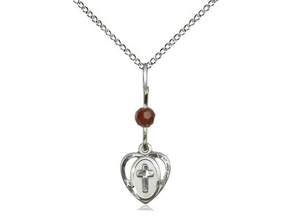 Sterling Silver Heart Cross Pendant with a Garnet bead on a inch Sterling Silver Light Curb Chain - Unique Catholic Gifts