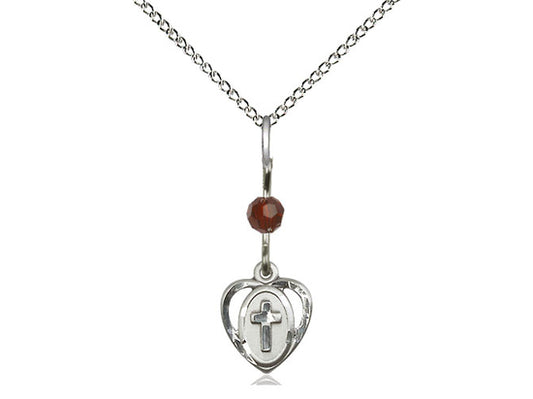 Sterling Silver Heart Cross Pendant with a Garnet bead on a inch Sterling Silver Light Curb Chain - Unique Catholic Gifts