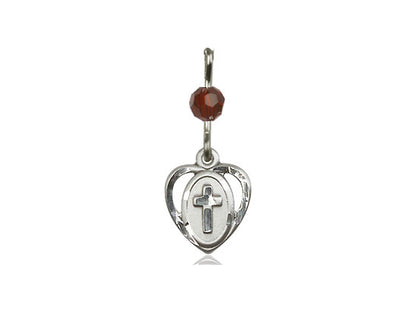 Sterling Silver Heart Cross Pendant with a Garnet bead on a inch Sterling Silver Light Curb Chain - Unique Catholic Gifts