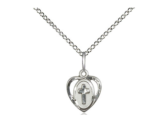 Sterling Silver Heart Cross Pendant on a 18 inch Sterling Silver Light Curb Chain - Unique Catholic Gifts