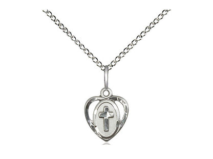 Sterling Silver Heart Cross Pendant on a 18 inch Sterling Silver Light Curb Chain - Unique Catholic Gifts