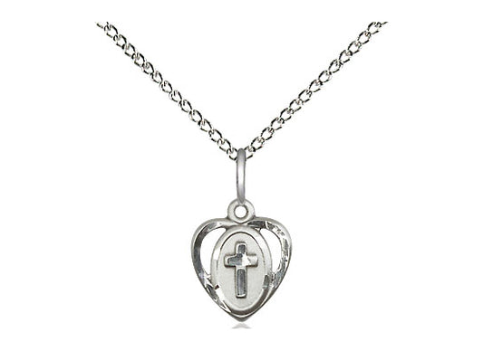 Sterling Silver Heart Cross Pendant on a 18 inch Sterling Silver Light Curb Chain - Unique Catholic Gifts