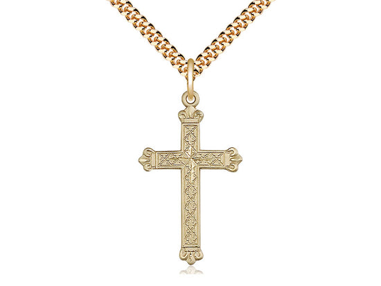 14kt Gold Filled Cross Pendant on a 24 inch Gold Plate Heavy Curb Chain - Unique Catholic Gifts