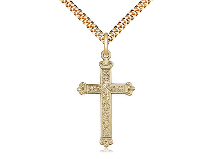 14kt Gold Filled Cross Pendant on a 24 inch Gold Plate Heavy Curb Chain - Unique Catholic Gifts