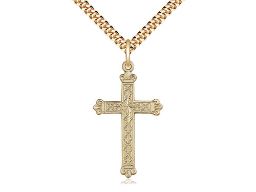 14kt Gold Filled Cross Pendant on a 24 inch Gold Plate Heavy Curb Chain - Unique Catholic Gifts
