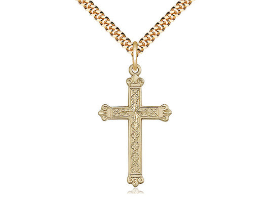 14kt Gold Filled Cross Pendant on a 24 inch Gold Plate Heavy Curb Chain - Unique Catholic Gifts