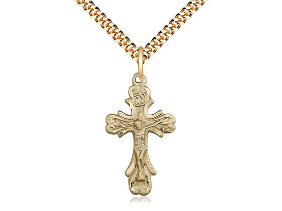 14kt Gold Filled Crucifix Pendant on a 24 inch Gold Plate Heavy Curb Chain - Unique Catholic Gifts