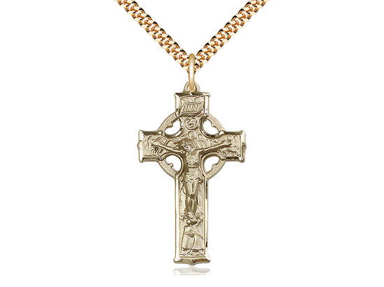 14kt Gold Filled Celtic Crucifix Pendant on a 24 inch Gold Plate Heavy Curb Chain. - Unique Catholic Gifts