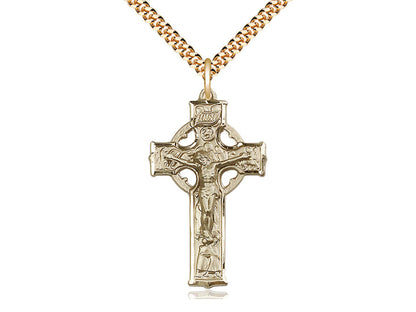 14kt Gold Filled Celtic Crucifix Pendant on a 24 inch Gold Plate Heavy Curb Chain. - Unique Catholic Gifts