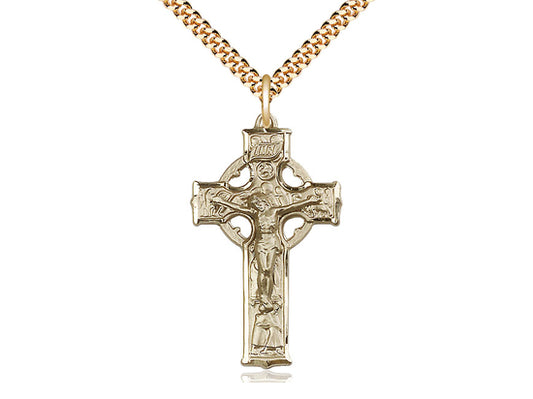 14kt Gold Filled Celtic Crucifix Pendant on a 24 inch Gold Plate Heavy Curb Chain. - Unique Catholic Gifts