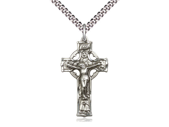 Sterling Silver Celtic Crucifix Pendant on a 24 inch Light Rhodium Heavy Curb Chain. - Unique Catholic Gifts