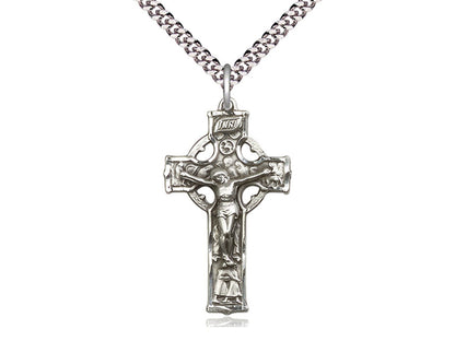 Sterling Silver Celtic Crucifix Pendant on a 24 inch Light Rhodium Heavy Curb Chain. - Unique Catholic Gifts