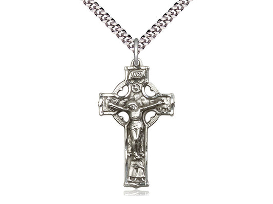 Sterling Silver Celtic Crucifix Pendant on a 24 inch Light Rhodium Heavy Curb Chain. - Unique Catholic Gifts