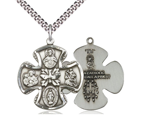 Sterling Silver 5-Way Pendant on a 24 inch Light Rhodium Heavy Curb Chain. - Unique Catholic Gifts