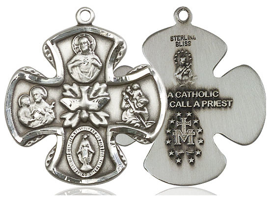 Sterling Silver 5-Way Pendant on a 24 inch Light Rhodium Heavy Curb Chain. - Unique Catholic Gifts