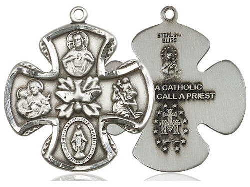 Sterling Silver 5-Way Pendant on a 24 inch Light Rhodium Heavy Curb Chain. - Unique Catholic Gifts