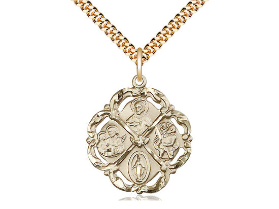 14kt Gold Filled 5-Way Pendant on a 24 inch Gold Plate Heavy Curb Chain - Unique Catholic Gifts