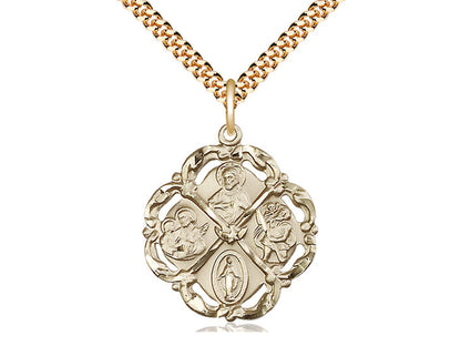 14kt Gold Filled 5-Way Pendant on a 24 inch Gold Plate Heavy Curb Chain - Unique Catholic Gifts