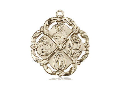 14kt Gold Filled 5-Way Pendant on a 24 inch Gold Plate Heavy Curb Chain - Unique Catholic Gifts