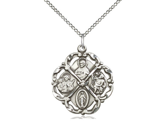 Sterling Silver 5-Way Pendant on a 18 inch Sterling Silver Light Curb Chain - Unique Catholic Gifts