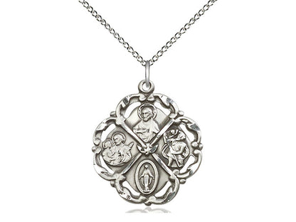 Sterling Silver 5-Way Pendant on a 18 inch Sterling Silver Light Curb Chain - Unique Catholic Gifts