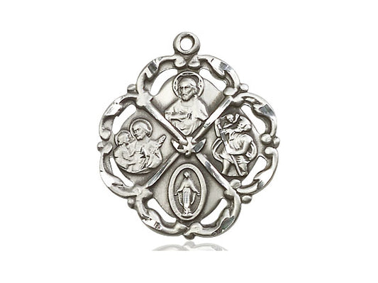 Sterling Silver 5-Way Pendant on a 18 inch Sterling Silver Light Curb Chain - Unique Catholic Gifts