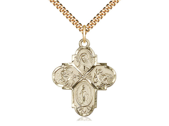 14kt Gold Filled 4-Way Pendant on a 24 inch Gold Plate Heavy Curb Chain - Unique Catholic Gifts