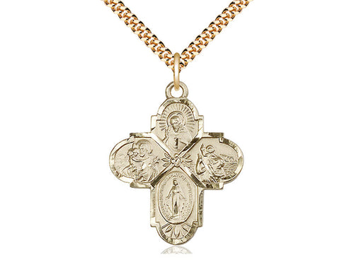 14kt Gold Filled 4-Way Pendant on a 24 inch Gold Plate Heavy Curb Chain - Unique Catholic Gifts
