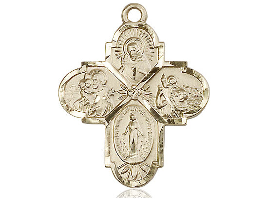 14kt Gold Filled 4-Way Pendant on a 24 inch Gold Plate Heavy Curb Chain - Unique Catholic Gifts