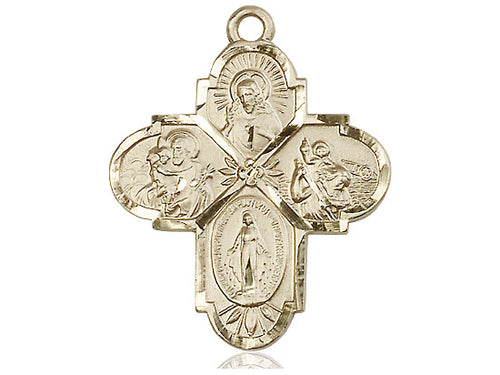14kt Gold Filled 4-Way Pendant on a 24 inch Gold Plate Heavy Curb Chain - Unique Catholic Gifts